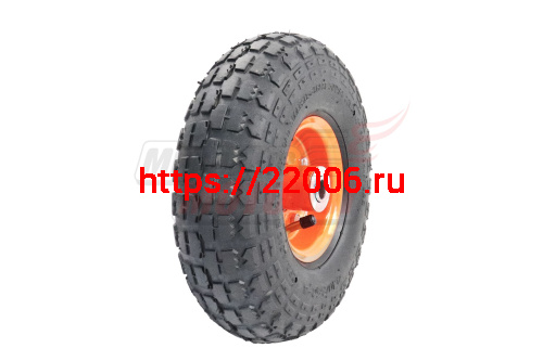 Колесо тачки садовой 4" 3,50-4" (под ось d=16мм, длина 75мм) симметричная ступица, подшипник, камера