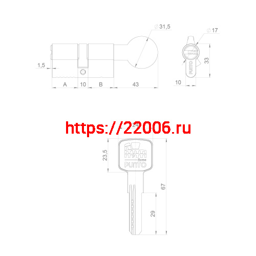 Цилиндровый Punto (Пунто) механизм Z3002Knob100(45+10+45) с вертушкой CP хром фото 3 Цилиндровый Punto (Пунто) механизм Z3002Knob100(45+10+45) с вертушкой CP хром фото 3